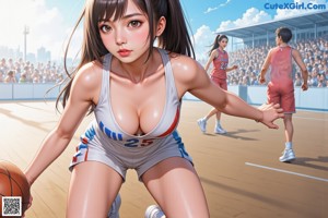 A girl in a blue uniform holding a basketball on a basketball court.