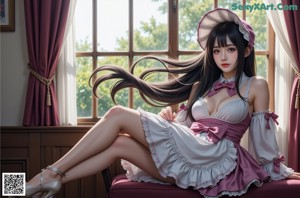 A woman in a pink dress sitting on a bench.